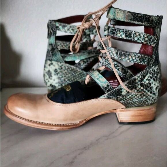 RARE Freebird by Steven Malone US 11 Beige & Croc Ankle Leather Sandals Shoes - Picture 6 of 12